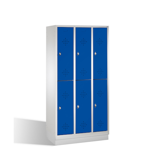 Stahl-Fächerschrank Classic auf Sockel, 3 Abteile, 6 Fächer Front 5010 Enzianblau